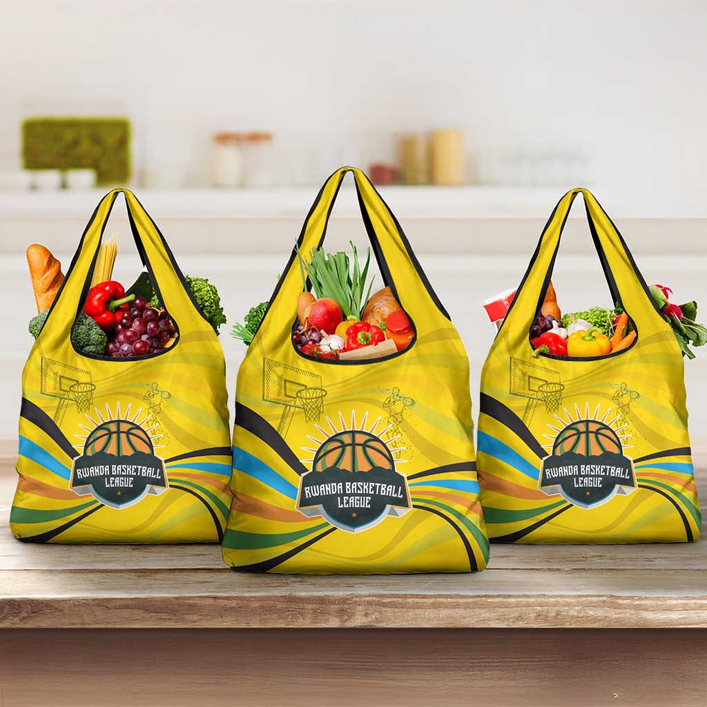 Rwanda Grocery Bag with Basketball League Court Hoop Yellow Wave Spirit