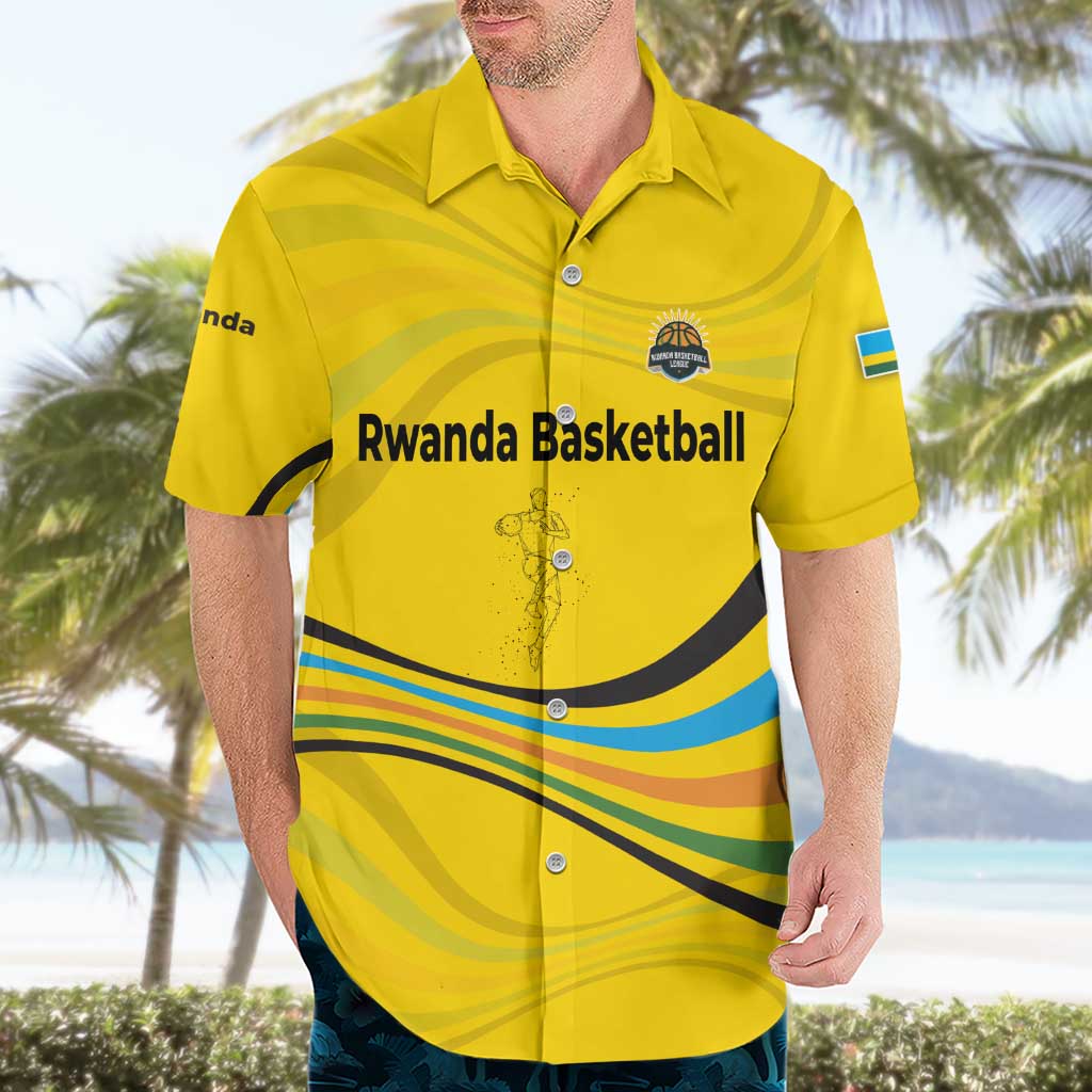 Rwanda Hawaiian Shirt with Basketball League Court Hoop Yellow Wave Spirit