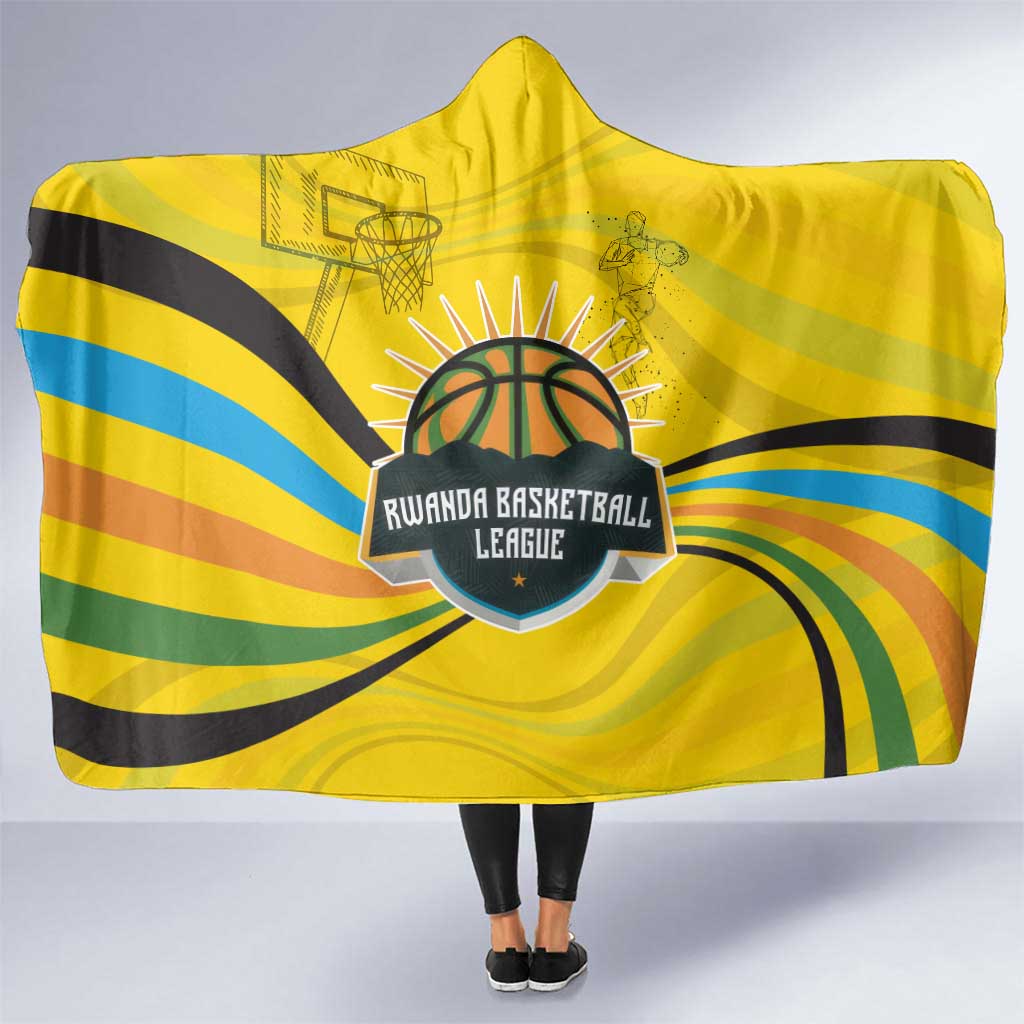 Rwanda Hooded Blanket with Basketball League Court Hoop Yellow Wave Spirit