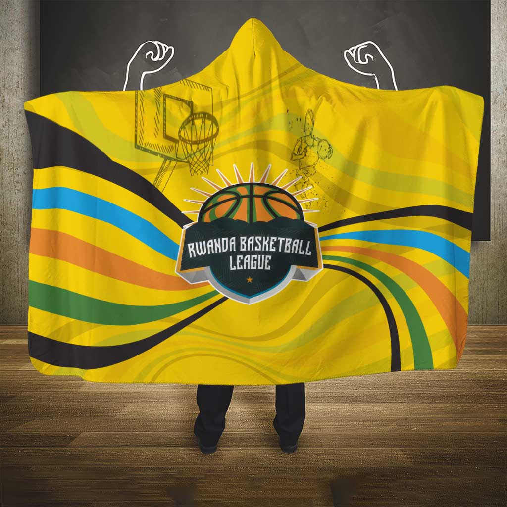 Rwanda Hooded Blanket with Basketball League Court Hoop Yellow Wave Spirit