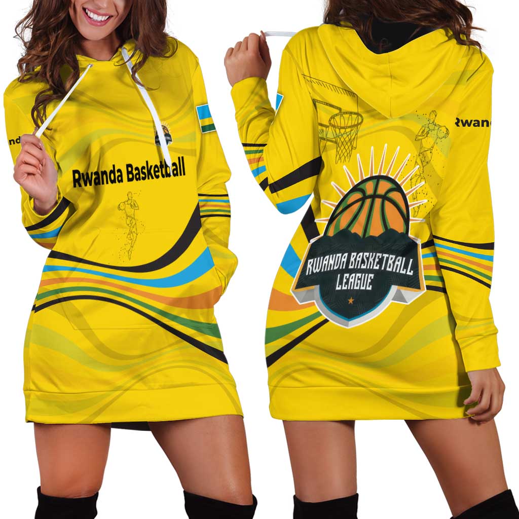 Rwanda Hoodie Dress with Basketball League Court Hoop Yellow Wave Spirit