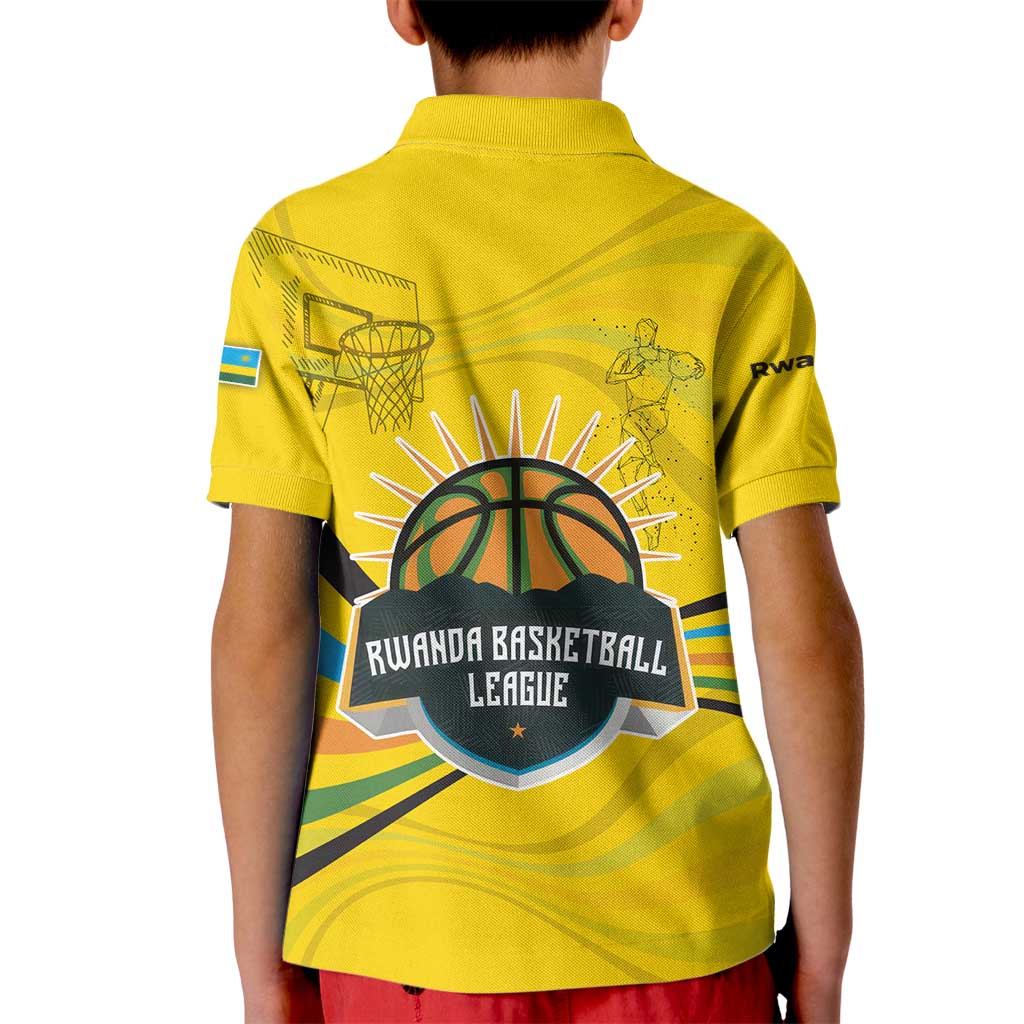 Rwanda Kid Polo Shirt with Basketball League Court Hoop Yellow Wave Spirit