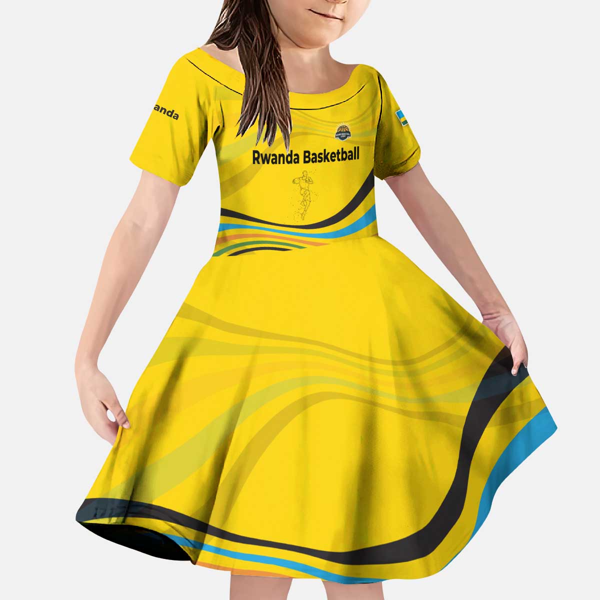 Rwanda Kid Short Sleeve Dress with Basketball League Court Hoop Yellow Wave Spirit