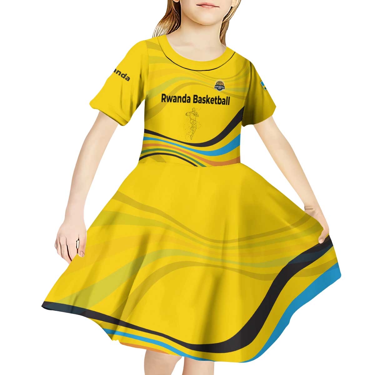 Rwanda Kid Short Sleeve Dress with Basketball League Court Hoop Yellow Wave Spirit