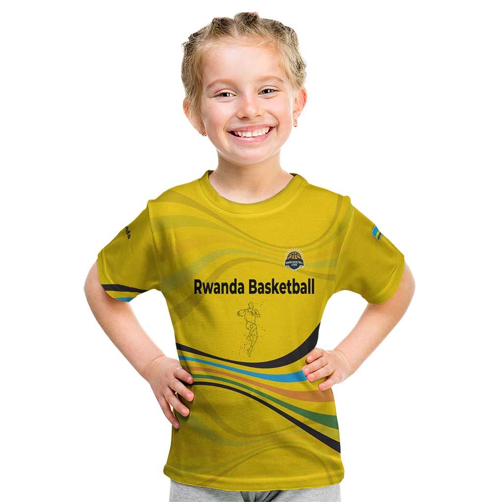 Rwanda Kid T Shirt with Basketball League Court Hoop Yellow Wave Spirit