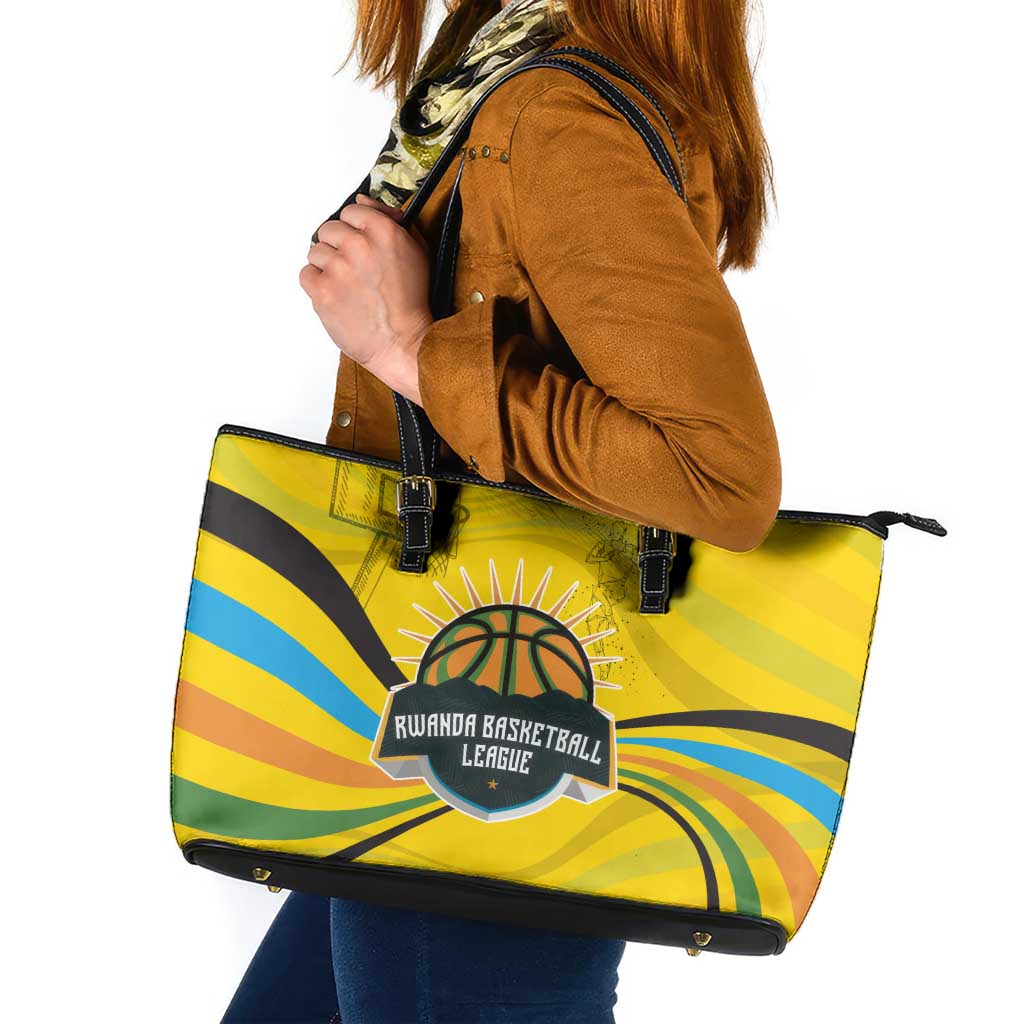 Rwanda Leather Tote Bag with Basketball League Court Hoop Yellow Wave Spirit