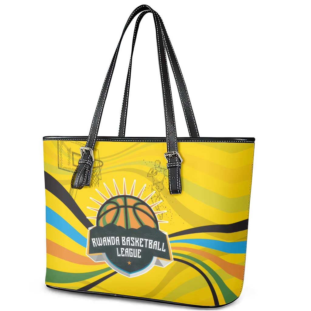 Rwanda Leather Tote Bag with Basketball League Court Hoop Yellow Wave Spirit