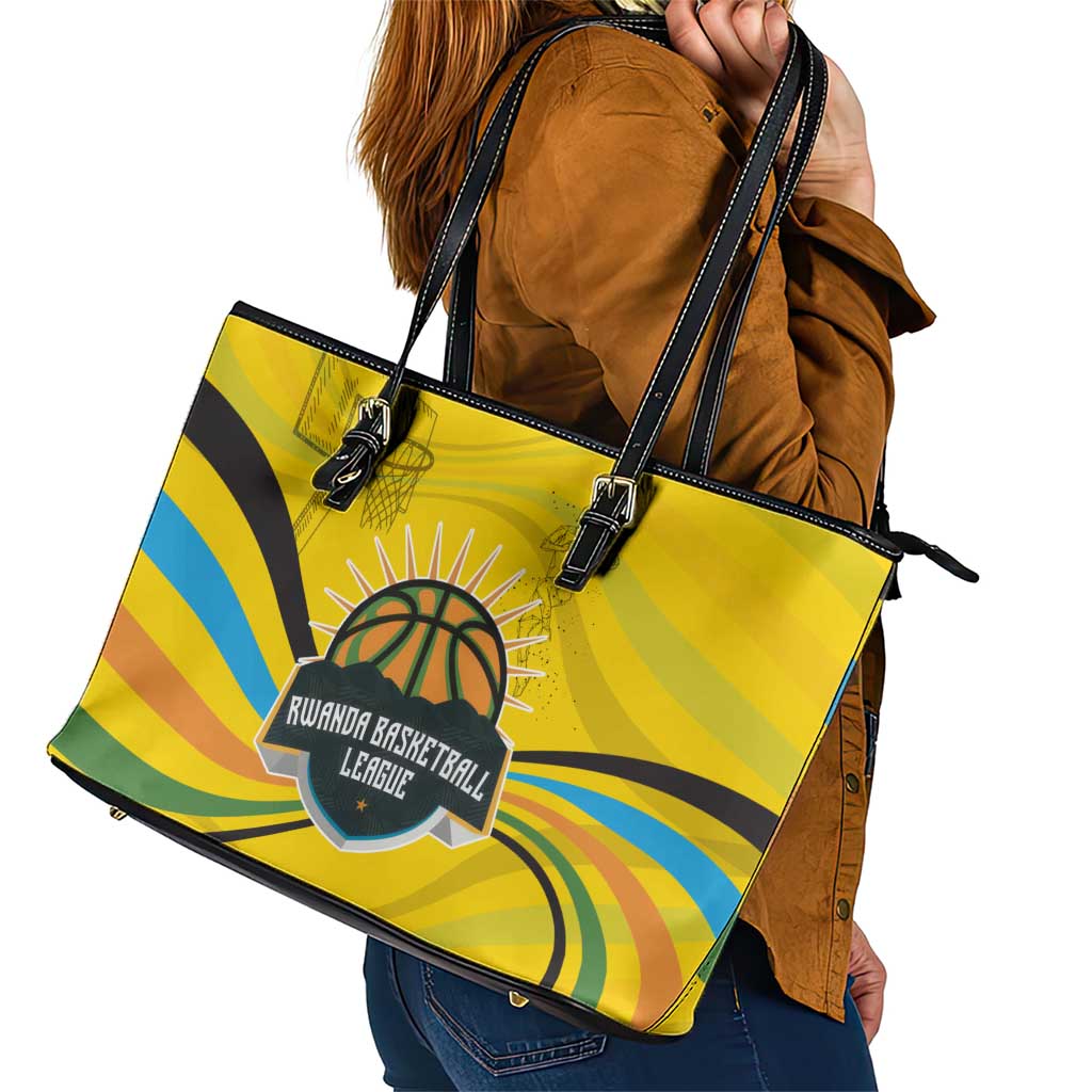 Rwanda Leather Tote Bag with Basketball League Court Hoop Yellow Wave Spirit