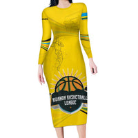 Rwanda Long Sleeve Bodycon Dress with Basketball League Court Hoop Yellow Wave Spirit