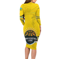 Rwanda Long Sleeve Bodycon Dress with Basketball League Court Hoop Yellow Wave Spirit