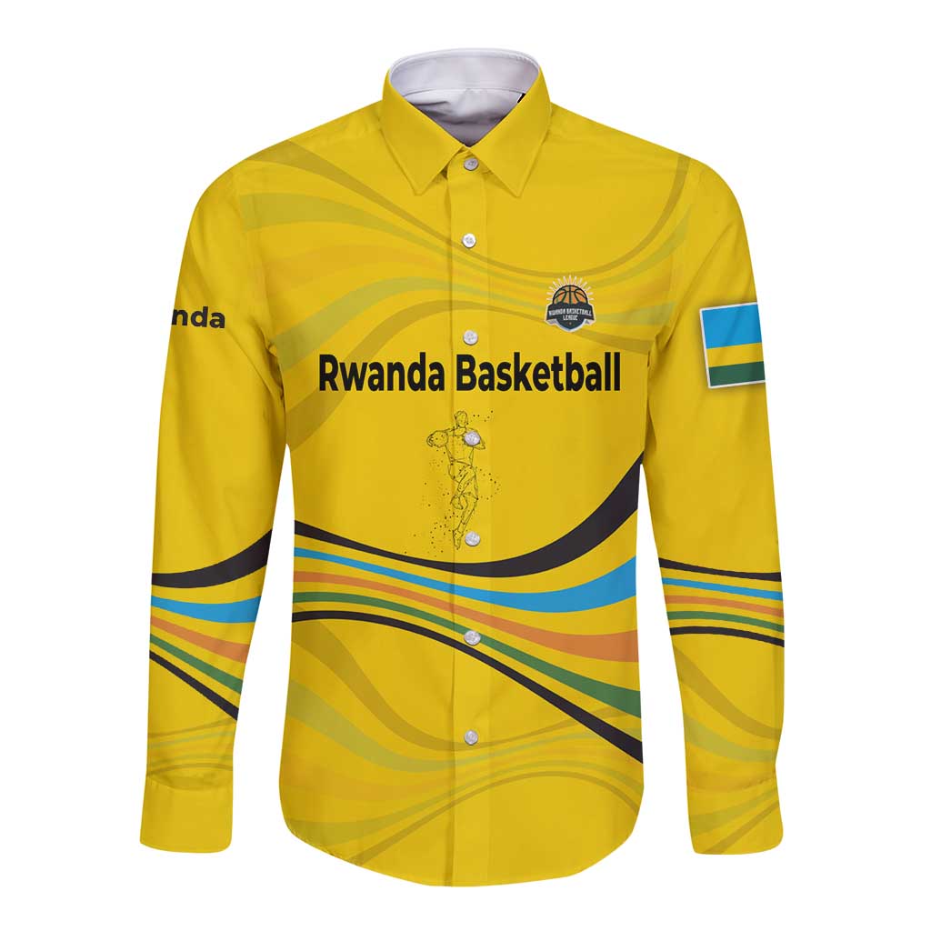 Rwanda Long Sleeve Button Shirt with Basketball League Court Hoop Yellow Wave Spirit
