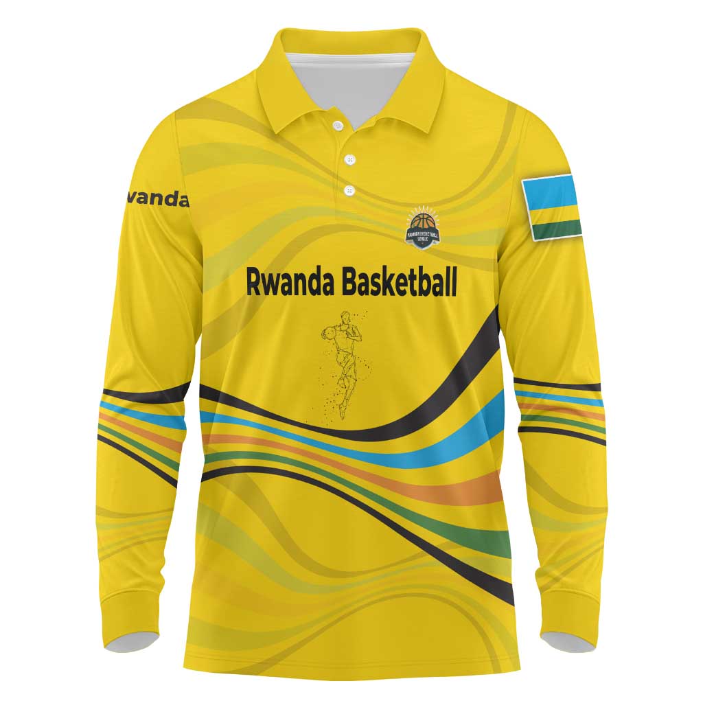 Rwanda Long Sleeve Polo Shirt with Basketball League Court Hoop Yellow Wave Spirit