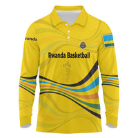 Rwanda Long Sleeve Polo Shirt with Basketball League Court Hoop Yellow Wave Spirit