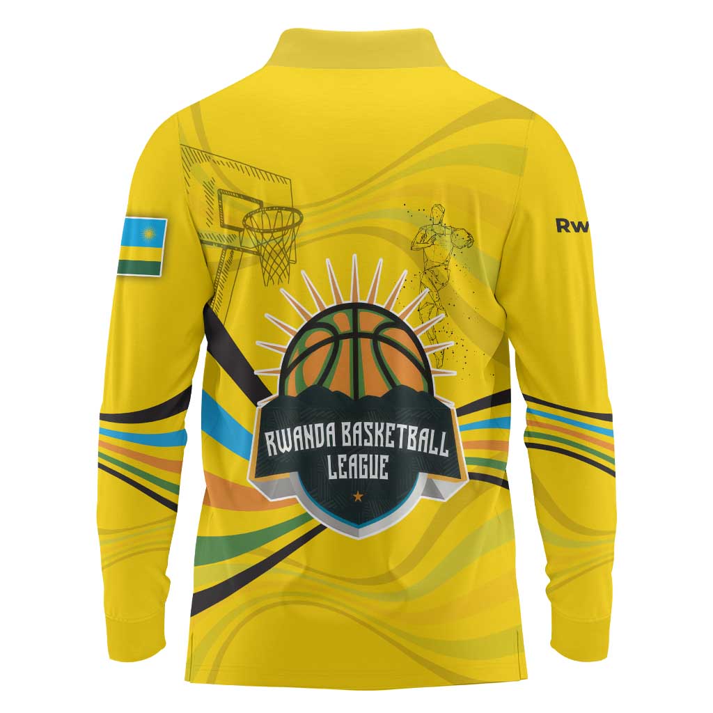 Rwanda Long Sleeve Polo Shirt with Basketball League Court Hoop Yellow Wave Spirit