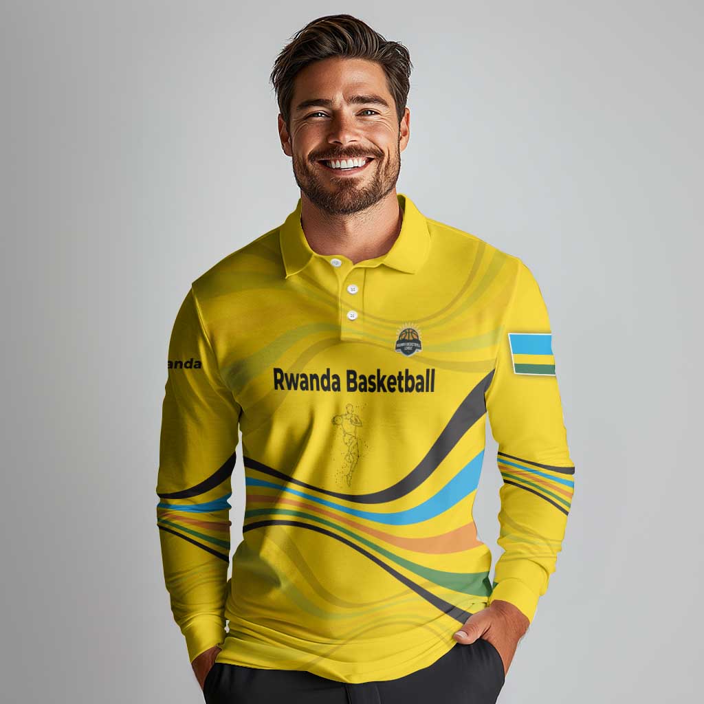 Rwanda Long Sleeve Polo Shirt with Basketball League Court Hoop Yellow Wave Spirit