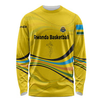 Rwanda Long Sleeve Shirt with Basketball League Court Hoop Yellow Wave Spirit