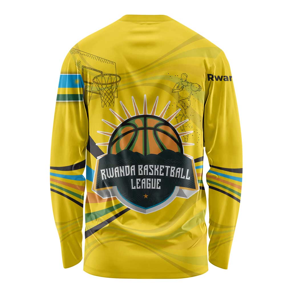 Rwanda Long Sleeve Shirt with Basketball League Court Hoop Yellow Wave Spirit