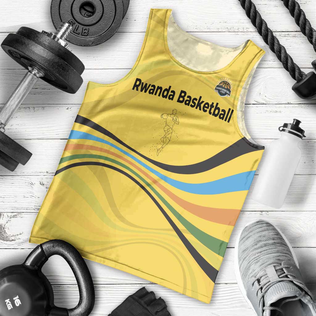 Rwanda Men Tank Top with Basketball League Court Hoop Yellow Wave Spirit