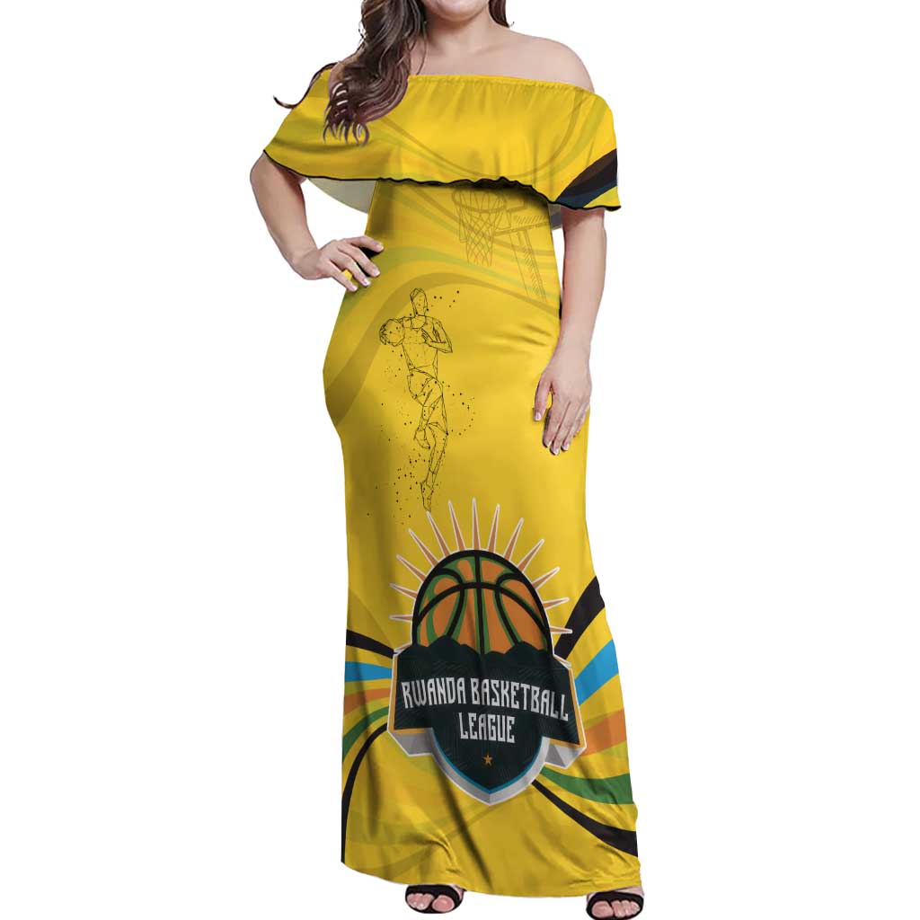 Rwanda Off Shoulder Maxi Dress with Basketball League Court Hoop Yellow Wave Spirit