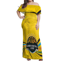 Rwanda Off Shoulder Maxi Dress with Basketball League Court Hoop Yellow Wave Spirit