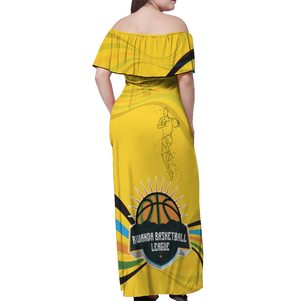 Rwanda Off Shoulder Maxi Dress with Basketball League Court Hoop Yellow Wave Spirit