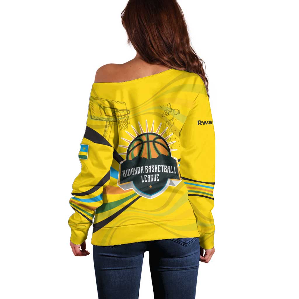 Rwanda Off Shoulder Sweater with Basketball League Court Hoop Yellow Wave Spirit