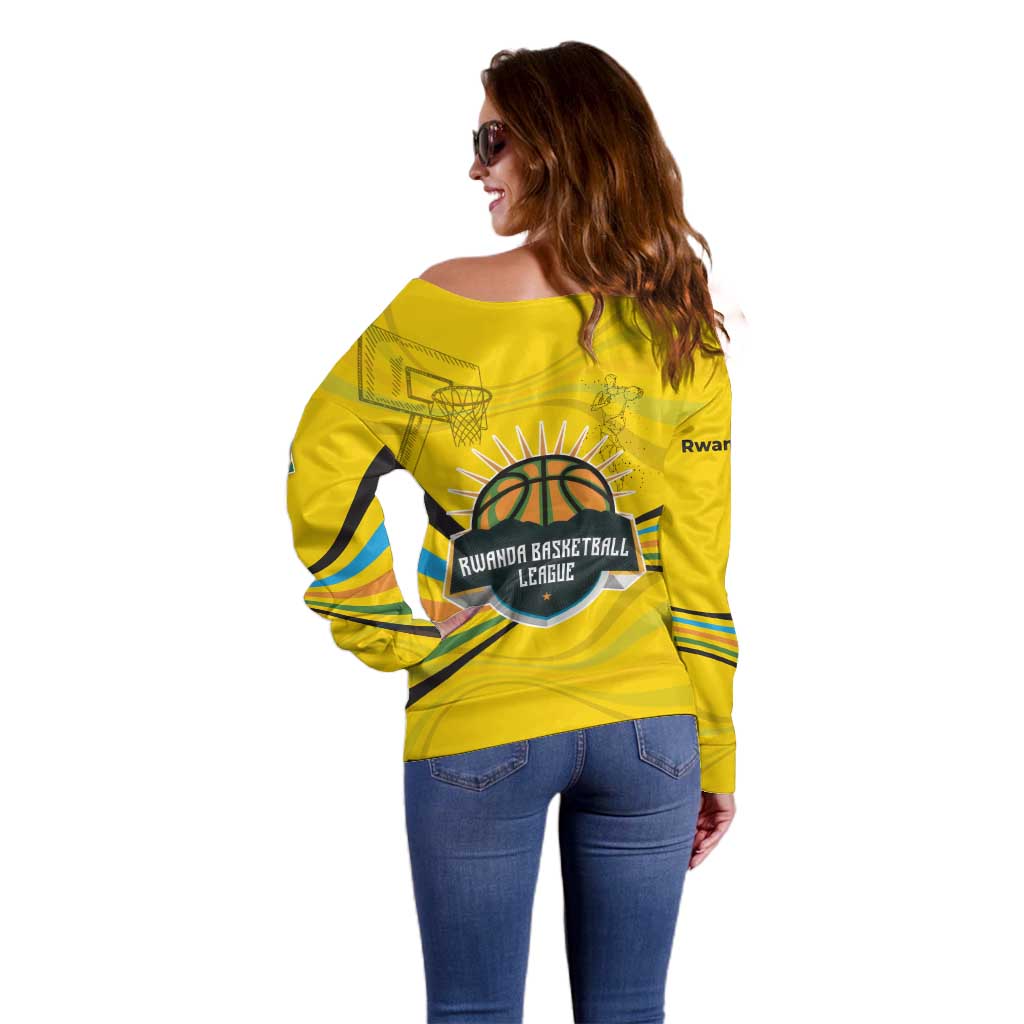 Rwanda Off Shoulder Sweater with Basketball League Court Hoop Yellow Wave Spirit