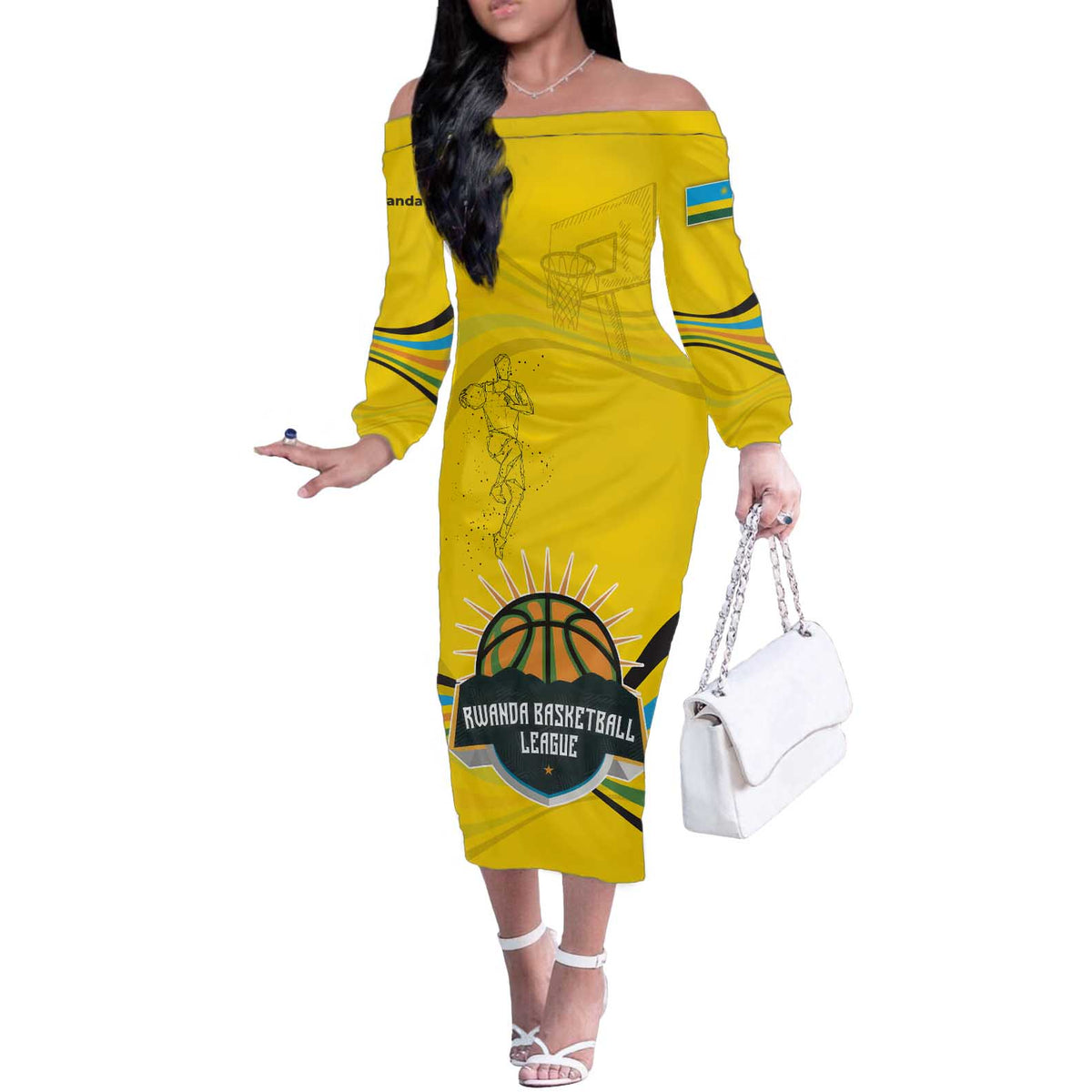 Rwanda Off The Shoulder Long Sleeve Dress with Basketball League Court Hoop Yellow Wave Spirit