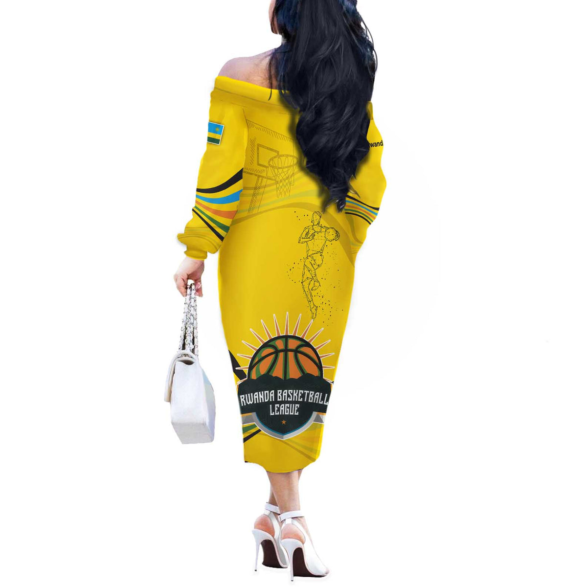 Rwanda Off The Shoulder Long Sleeve Dress with Basketball League Court Hoop Yellow Wave Spirit