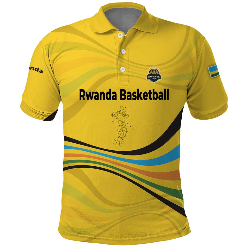 Rwanda Polo Shirt with Basketball League Court Hoop Yellow Wave Spirit