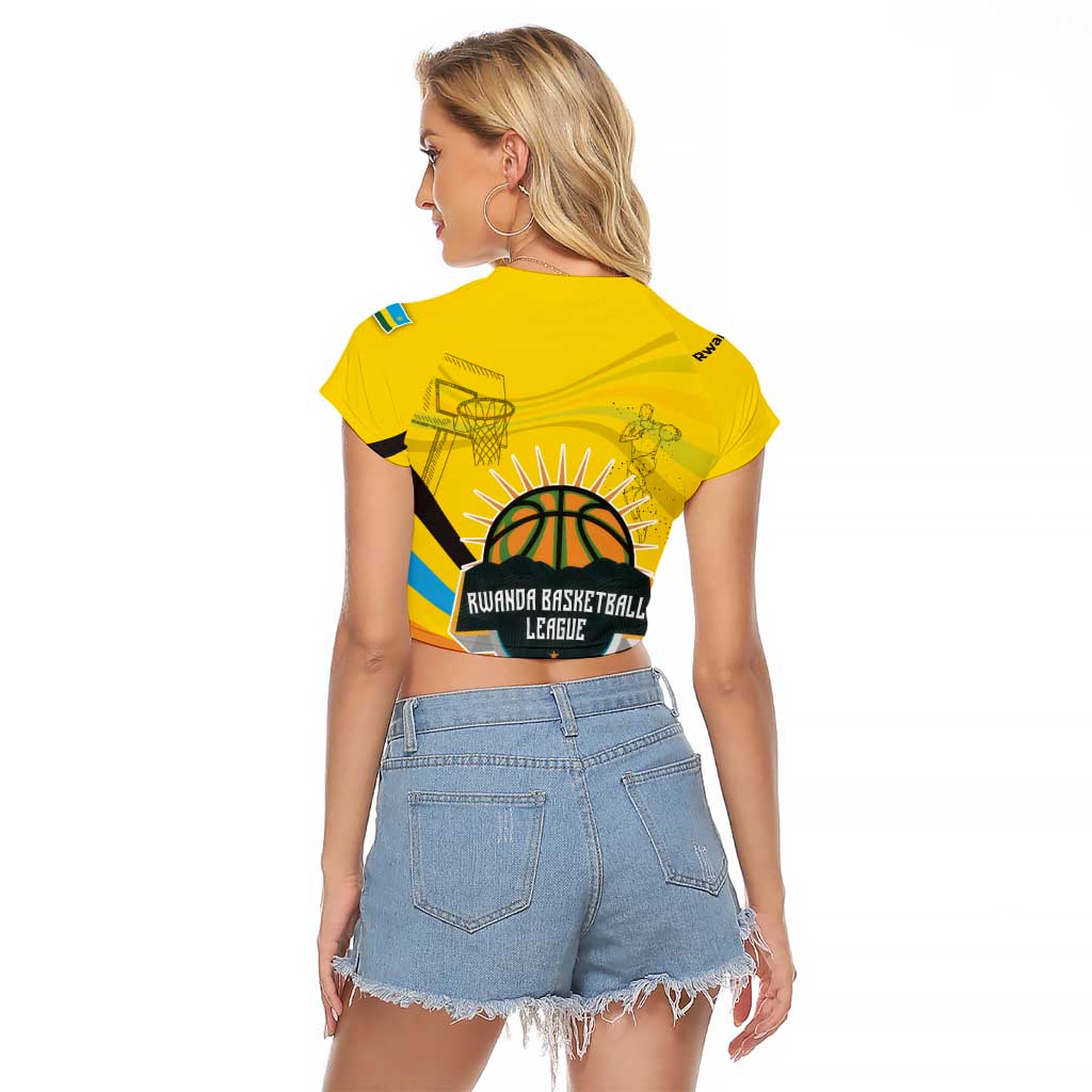 Rwanda Raglan Cropped T Shirt with Basketball League Court Hoop Yellow Wave Spirit