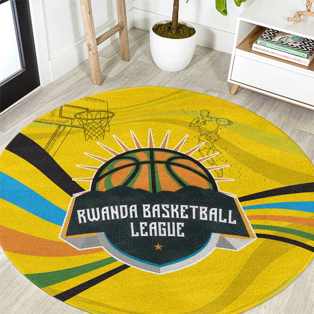 Rwanda Round Carpet with Basketball League Court Hoop Yellow Wave Spirit