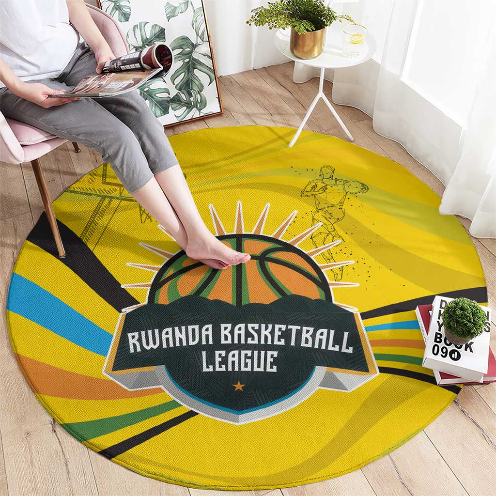 Rwanda Round Carpet with Basketball League Court Hoop Yellow Wave Spirit