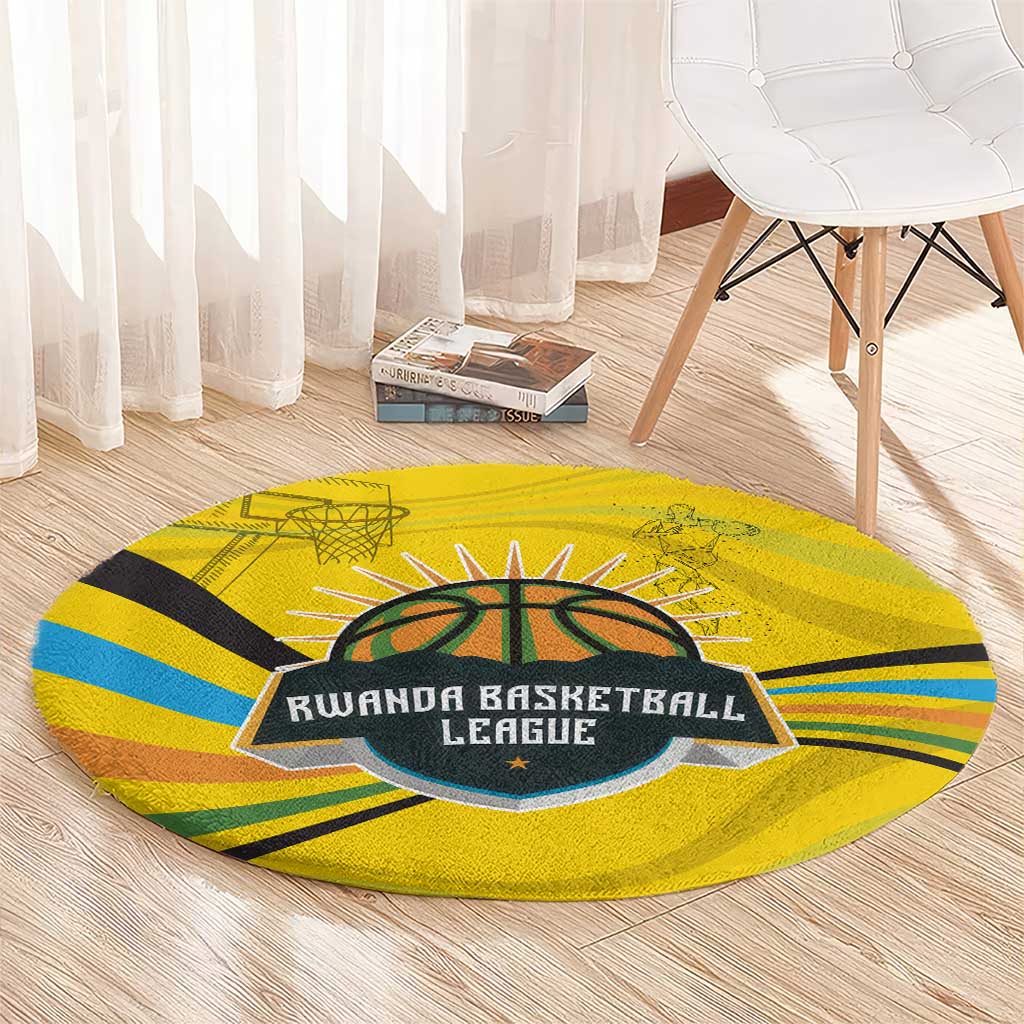 Rwanda Round Carpet with Basketball League Court Hoop Yellow Wave Spirit
