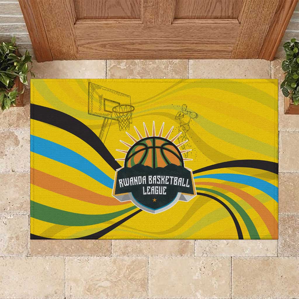 Rwanda Rubber Doormat with Basketball League Court Hoop Yellow Wave Spirit