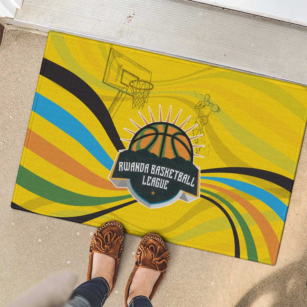 Rwanda Rubber Doormat with Basketball League Court Hoop Yellow Wave Spirit