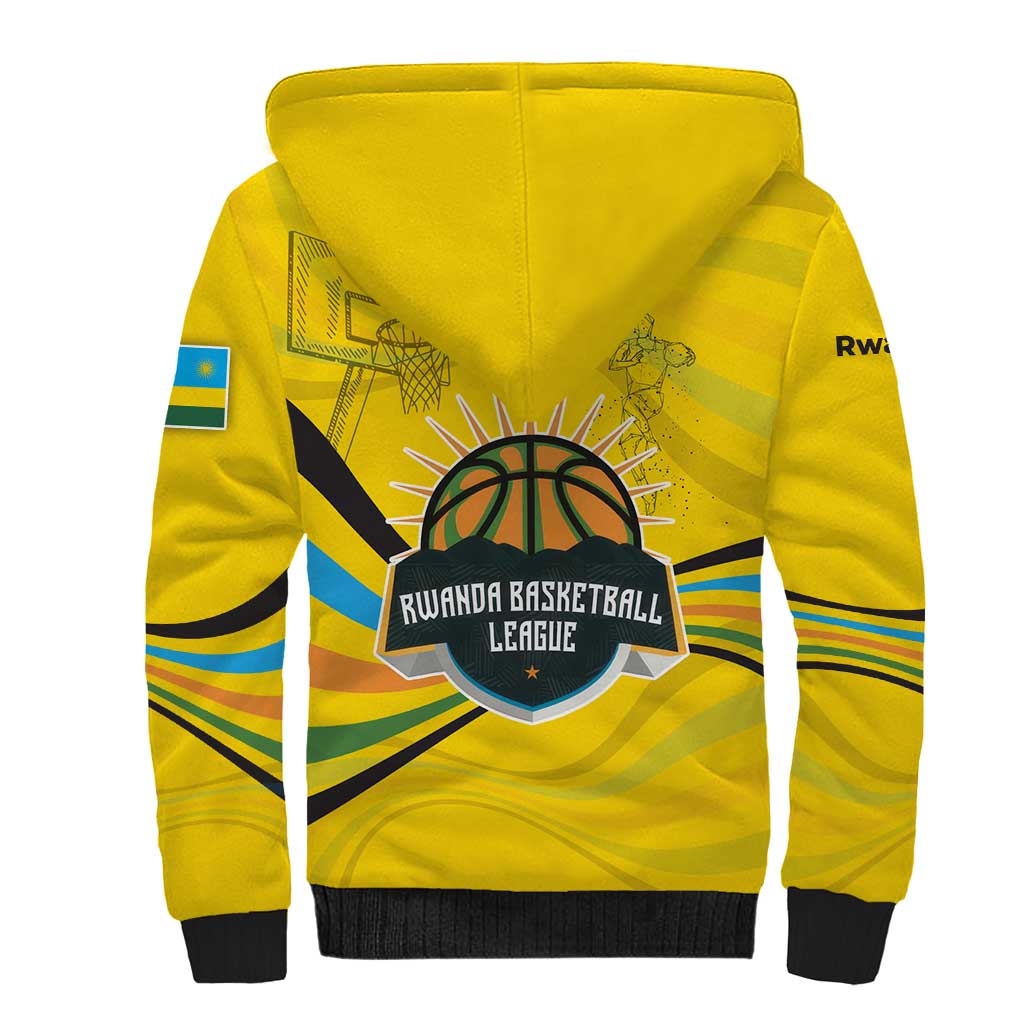 Rwanda Sherpa Hoodie with Basketball League Court Hoop Yellow Wave Spirit