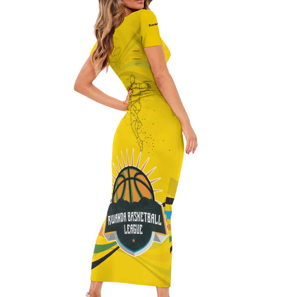 Rwanda Short Sleeve Bodycon Dress with Basketball League Court Hoop Yellow Wave Spirit