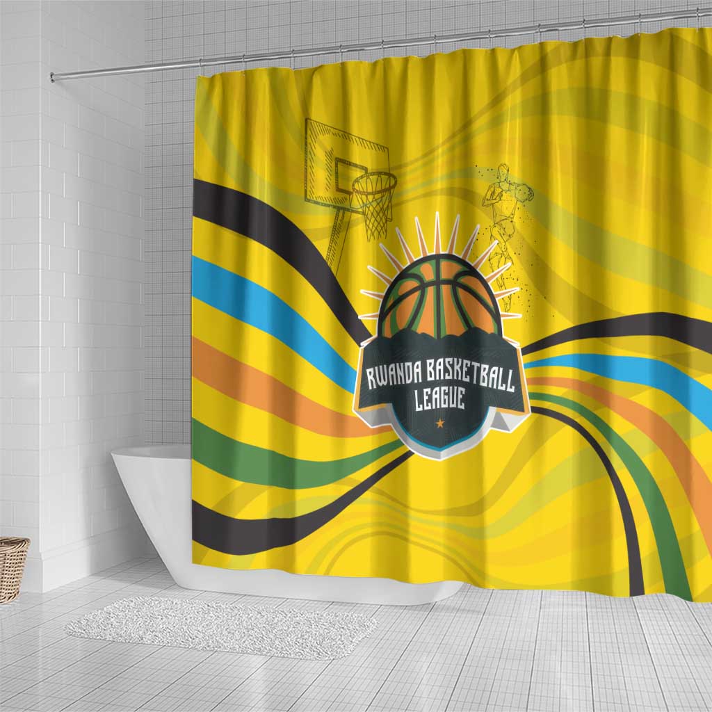 Rwanda Shower Curtain with Basketball League Court Hoop Yellow Wave Spirit