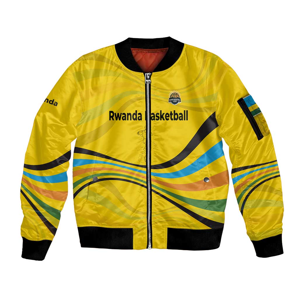 Rwanda Sleeve Zip Bomber Jacket with Basketball League Court Hoop Yellow Wave Spirit
