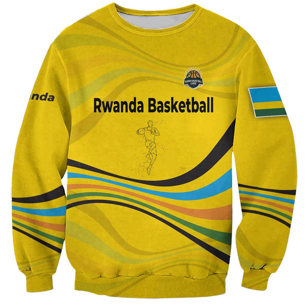 Rwanda Sweatshirt with Basketball League Court Hoop Yellow Wave Spirit