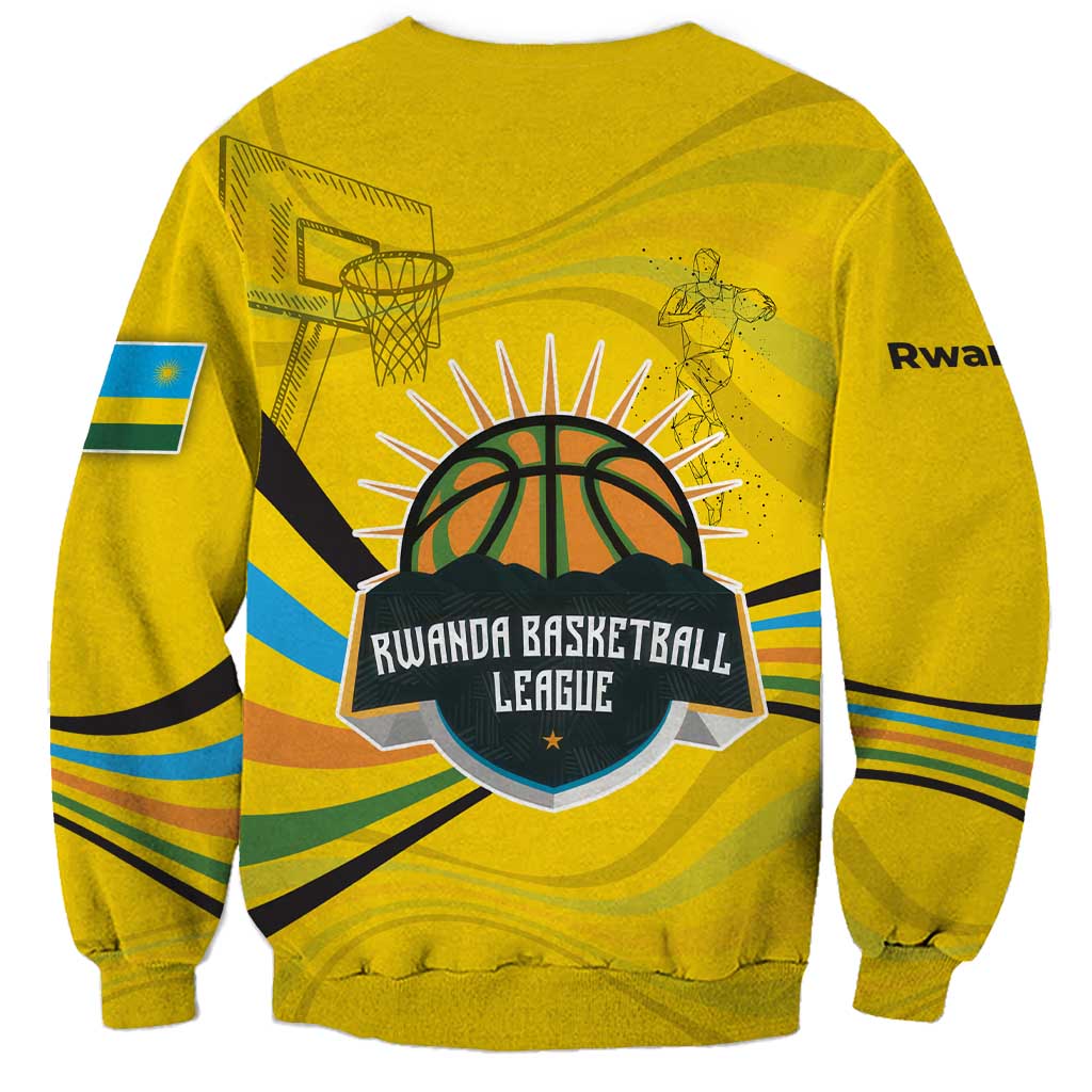Rwanda Sweatshirt with Basketball League Court Hoop Yellow Wave Spirit