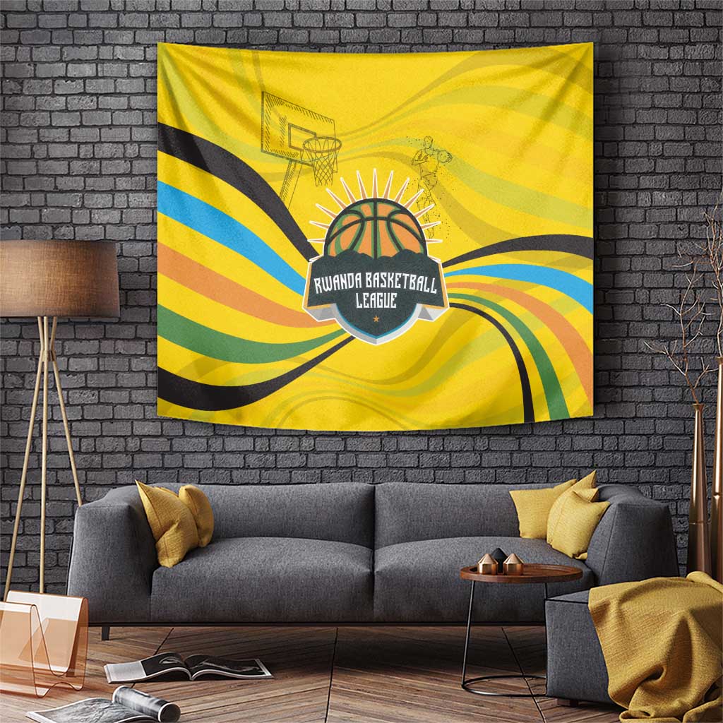 Rwanda Tapestry with Basketball League Court Hoop Yellow Wave Spirit