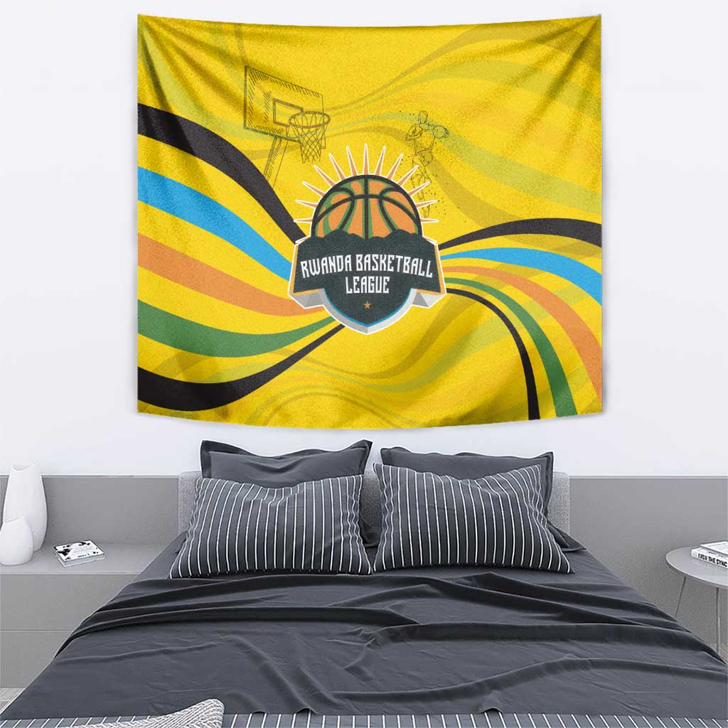 Rwanda Tapestry with Basketball League Court Hoop Yellow Wave Spirit