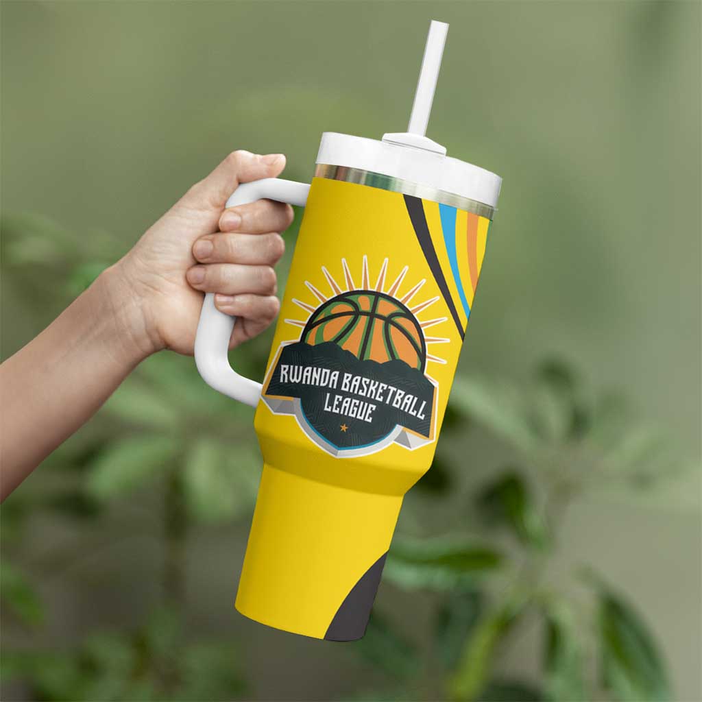 Rwanda Tumbler With Handle with Basketball League Court Hoop Yellow Wave Spirit