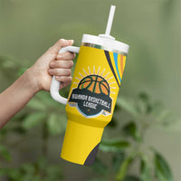 Rwanda Tumbler With Handle with Basketball League Court Hoop Yellow Wave Spirit