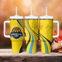 Rwanda Tumbler With Handle with Basketball League Court Hoop Yellow Wave Spirit