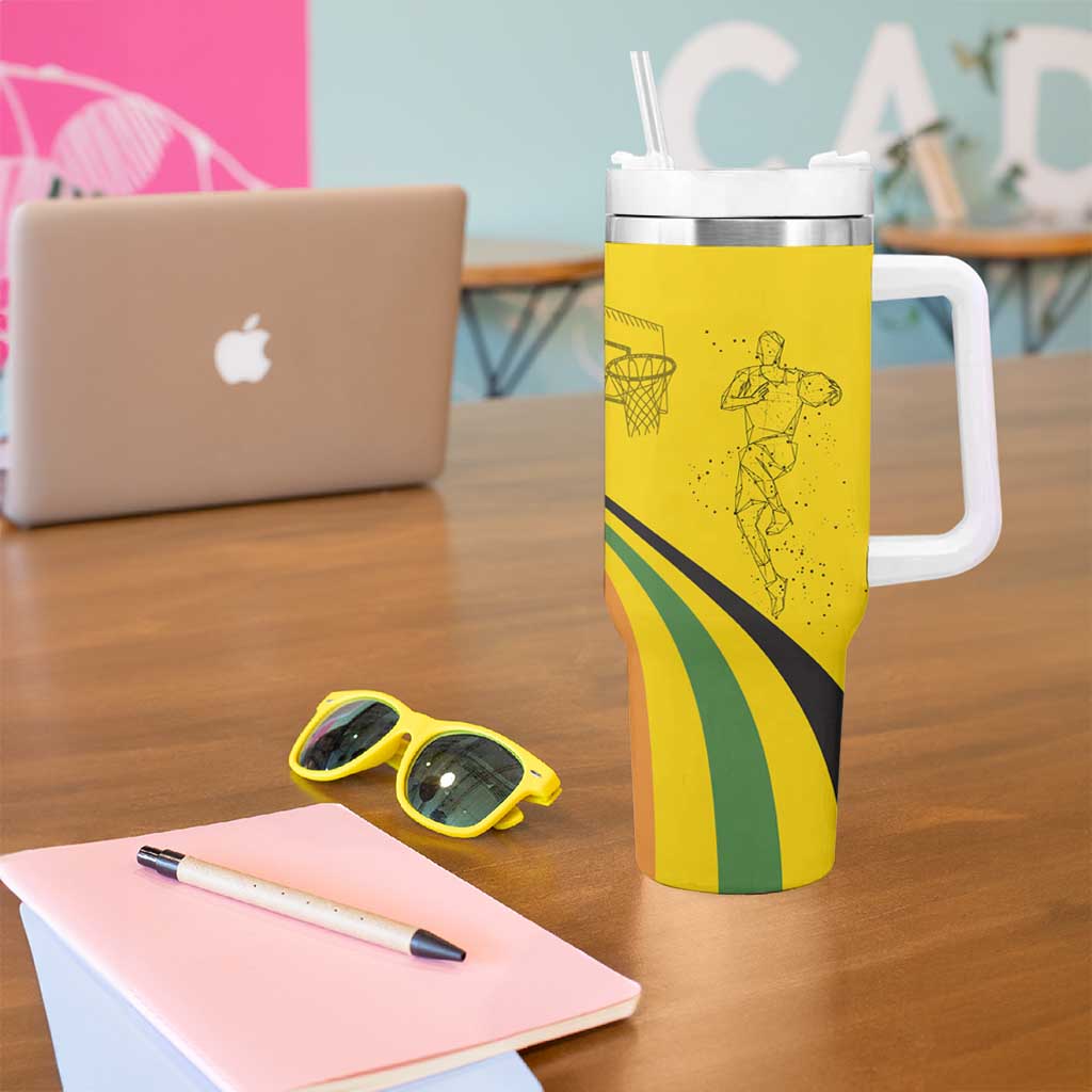 Rwanda Tumbler With Handle with Basketball League Court Hoop Yellow Wave Spirit