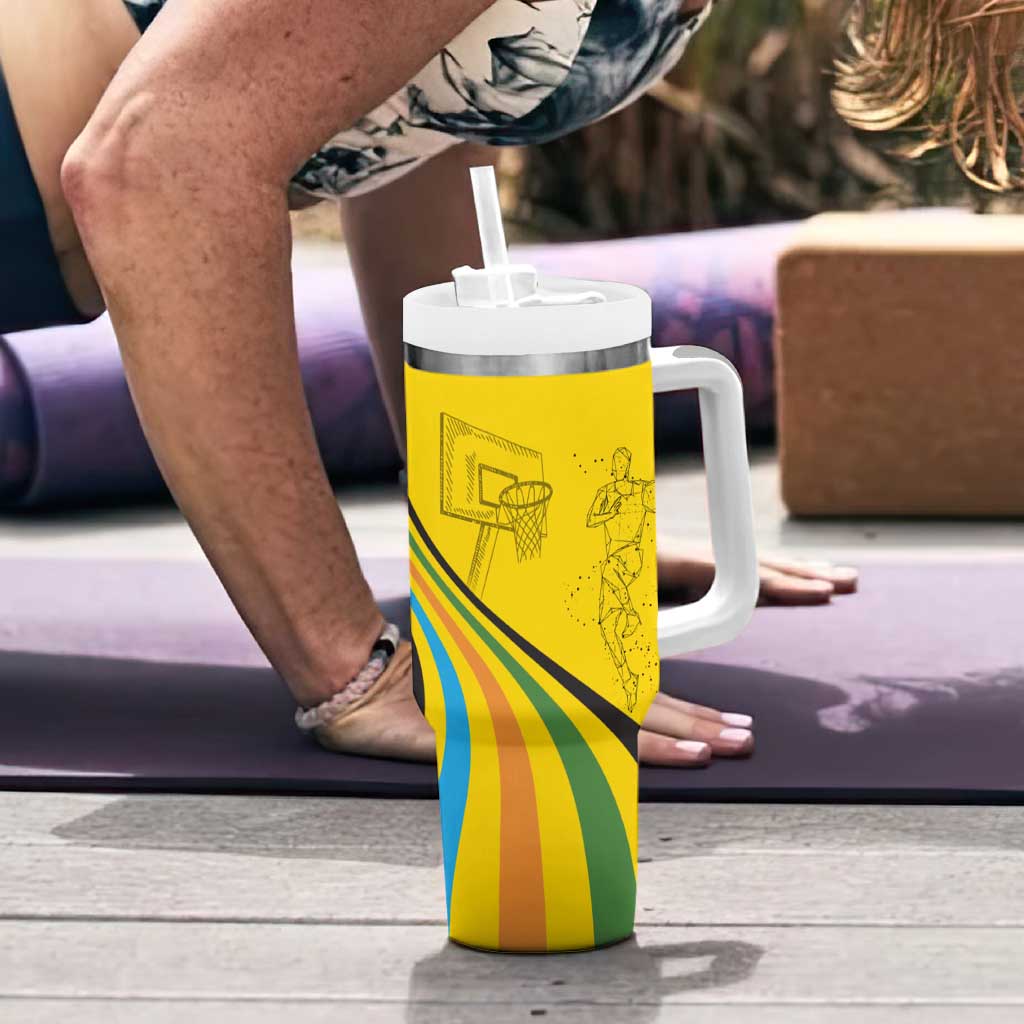 Rwanda Tumbler With Handle with Basketball League Court Hoop Yellow Wave Spirit