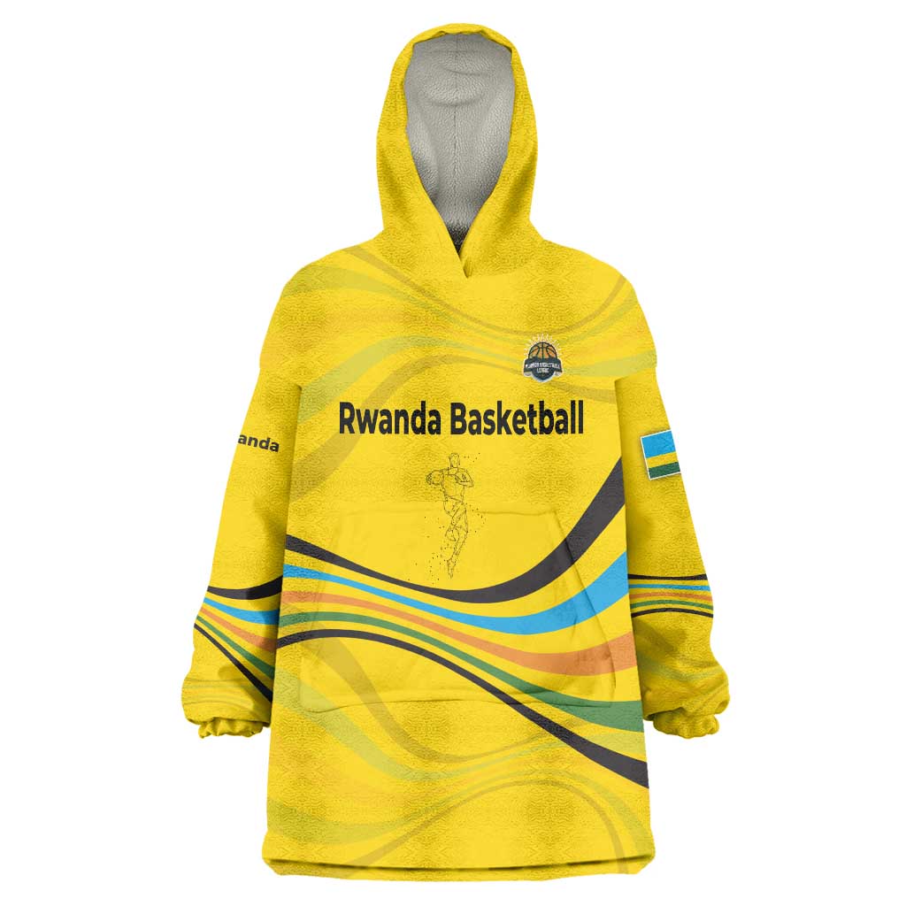Rwanda Wearable Blanket Hoodie with Basketball League Court Hoop Yellow Wave Spirit